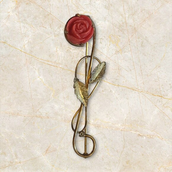 Vintage Antique Gold Metal Rose Flower Brooch Pin with Red Dimensional Bloom - Picture 1 of 11